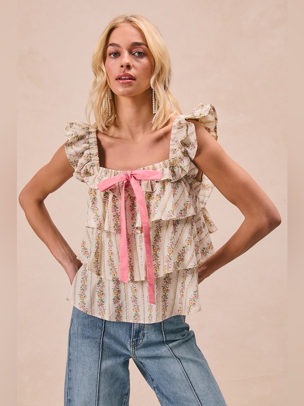 BiBi Floral Printed Woven Front Bow Tied Ruffled Square Neck Sleeveless Top